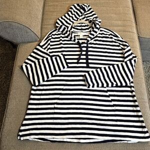 Caslon Organic Cotton Navy Blue White Striped Casual Relaxed Hoodie Top XXL